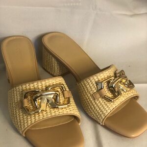Elegant Gold and Tan Woven Mules